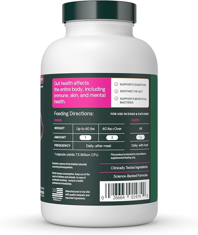 VetriScience Extra Strength Gut Health Probiotic & Prebiotic Digestive Supplements for Dogs & Cats, Gas & Diarrhea & Immune Support, Easy-Open Capsules, 180 Count - New Look
