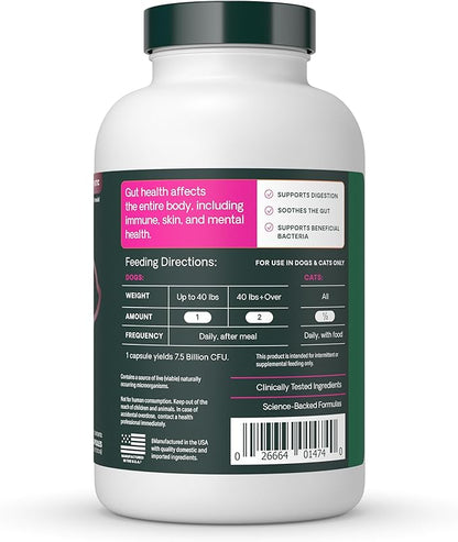 VetriScience Extra Strength Gut Health Probiotic & Prebiotic Digestive Supplements for Dogs & Cats, Gas & Diarrhea & Immune Support, Easy-Open Capsules, 180 Count - New Look