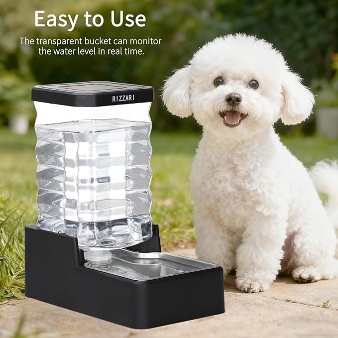 RIZZARI Stainless Steel Dog Dispenser: 8L Large Capacity Gravity Waterer - Clear Tank Water Level View -No Mess Keeps Floors Dry- No Power Needed - for Medium Dogs - Kitchen Corner/Crate Area