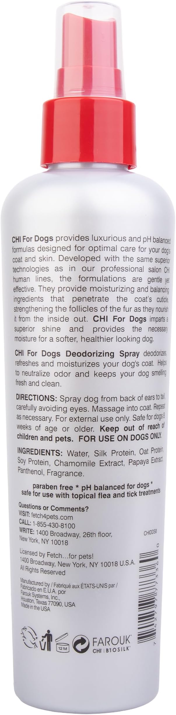 CHI for Dogs Deodorizing Spray for Dogs and Puppies, Dog Grooming Spray to Help Refresh Coats and Reduce Odors Between Baths While Moisturizing Fur, Unscented, 8 Fl Oz