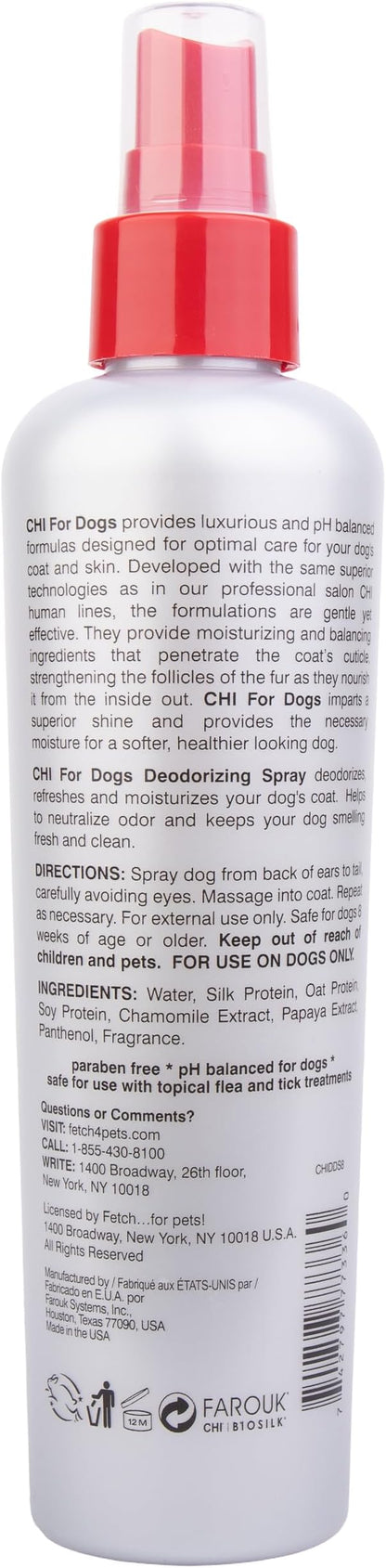 CHI for Dogs Deodorizing Spray for Dogs and Puppies, Dog Grooming Spray to Help Refresh Coats and Reduce Odors Between Baths While Moisturizing Fur, Unscented, 8 Fl Oz