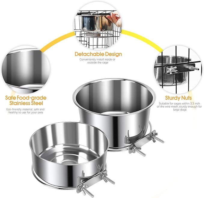 2 Pcs Large Pet Dog Food Water Bowl for Cage Stainless Steel Non-Spill Kennel Hanging Cats Bowls with Clamp Holder Crate Feeder Dish for Medium Large Dogs Huge Pets (7.1x3.7'' & 7.1x2.5'')