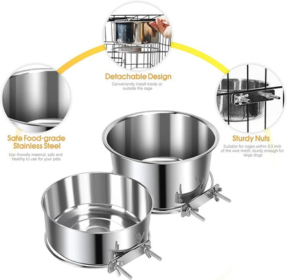 2 Pcs Large Pet Dog Food Water Bowl for Cage Stainless Steel Non-Spill Kennel Hanging Cats Bowls with Clamp Holder Crate Feeder Dish for Medium Large Dogs Huge Pets (7.1x3.7'' & 7.1x2.5'')