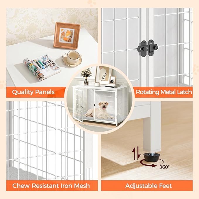 MAHANCRIS Dog Crate Furniture with Cushion, Wooden Dog Kennel with Double Doors, Heavy Duty Dog Cage for Small/Medium/Large Dogs, Indoor Dog House End Table, 39.4" L, White DCBW10701