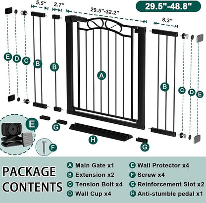 Fairy Baby 29.5"-48.8" Extra Wide Baby Gate for Stairs, Pressure Mounted Easy Walk Thru Pet Gate, Metal Safety Child Gate No Drill, Auto Close Long Dog Gates for the House Doorways, Black