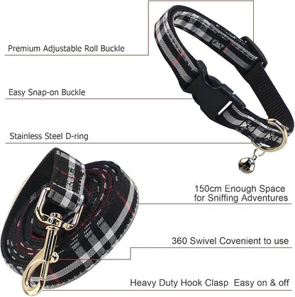 Cute Plaid Dog Collar Harness and Leash with Safety Buckle - Adjustable and No Pull Comfortable Dog Collars for Small Puppy, Stylish Durable Gift for Boy Girl Pets