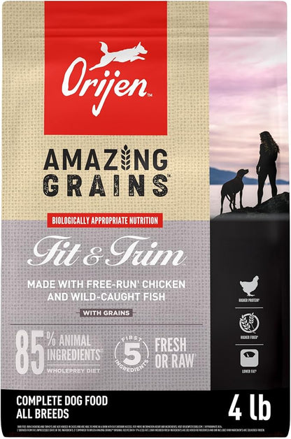 ORIJEN Amazing Grains High Protein Dry Dog Food Fit & Trim Recipe 4lb Bag