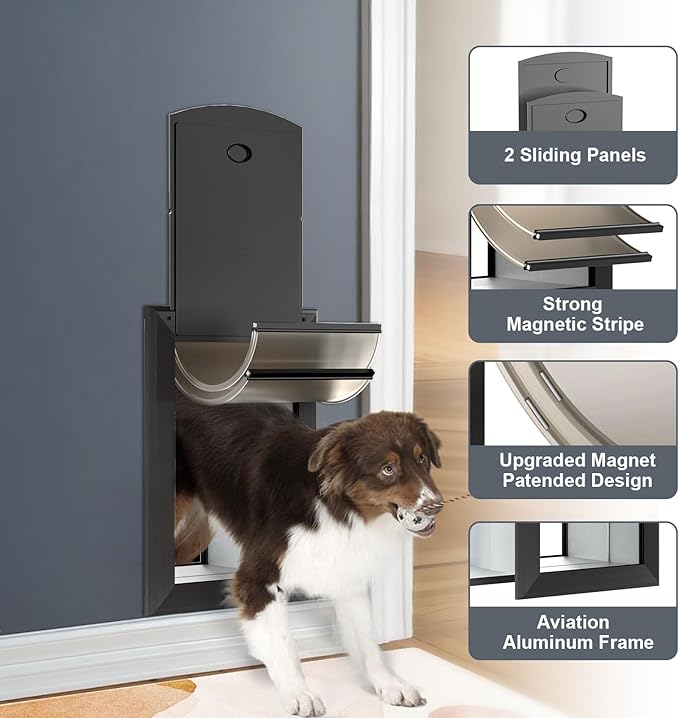 Heavy Duty Dog Door for Wall, Energy Efficient Doggie Door with Aluminum Frame, Telescoping Tunnel, Double Magnetic Flaps and Two Sliding Lock Panels, Easy to Install, Black, Medium