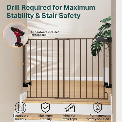 Cumbor 29.2–43" Baby Gate for Stairs, Wall-Mounted (Drill Required), Expandable No Bottom Bar Dog Gate, Auto Close Extra Wide Walk Thru, Pet & Toddler Proof Gate, Top & Bottom of Stairways (Brown)