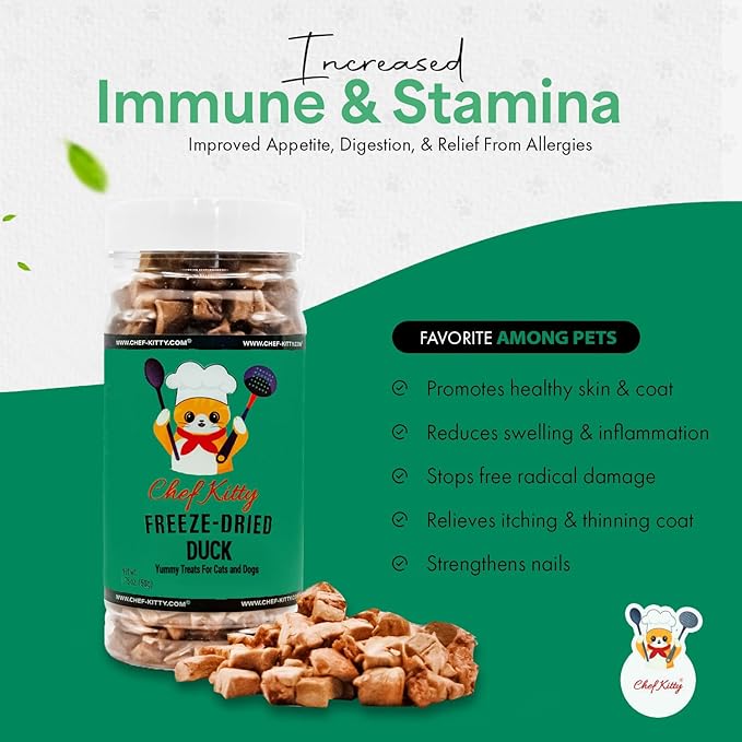 Duck Dog Treats | 100% Human Grade Freeze Dried Cat Treats, Single Ingredient | High Protein Cat & Dog Food Toppers | No Additives or Preservatives | Inspected & Tested in USA | 1.5 oz