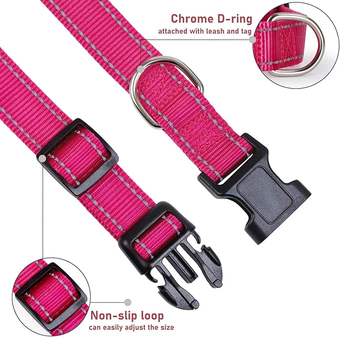 Reflective Dog Collar with Buckle Adjustable Safety Nylon Collars for Small Medium Large Dogs, Hotpink XS