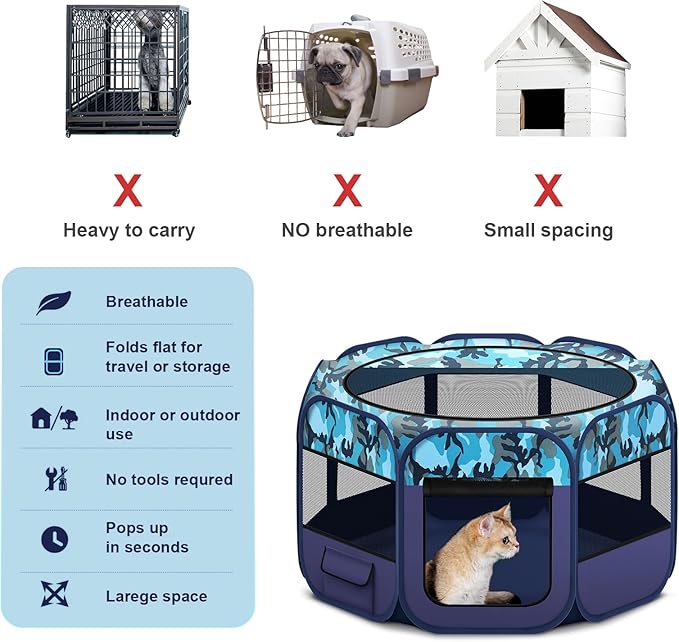 48" Large Pop Up Dog Playpen & Whelping Box for Dogs, Portable Foldable Puppy Playpen with Waterproof Bottom, Pet Tent Exercise Pen for Camping/Indoor, Includes Bowl & Carry Bag