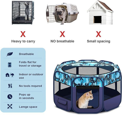48" Large Pop Up Dog Playpen & Whelping Box for Dogs, Portable Foldable Puppy Playpen with Waterproof Bottom, Pet Tent Exercise Pen for Camping/Indoor, Includes Bowl & Carry Bag