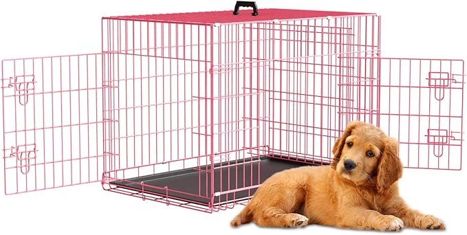 Dog Crates for Small Dogs 30" Folding Mental Wire Crates Dog Kennels Outdoor and Indoor Pet Dog Cage Crate with Double-Door,Divider Panel, Removable Tray,Pink