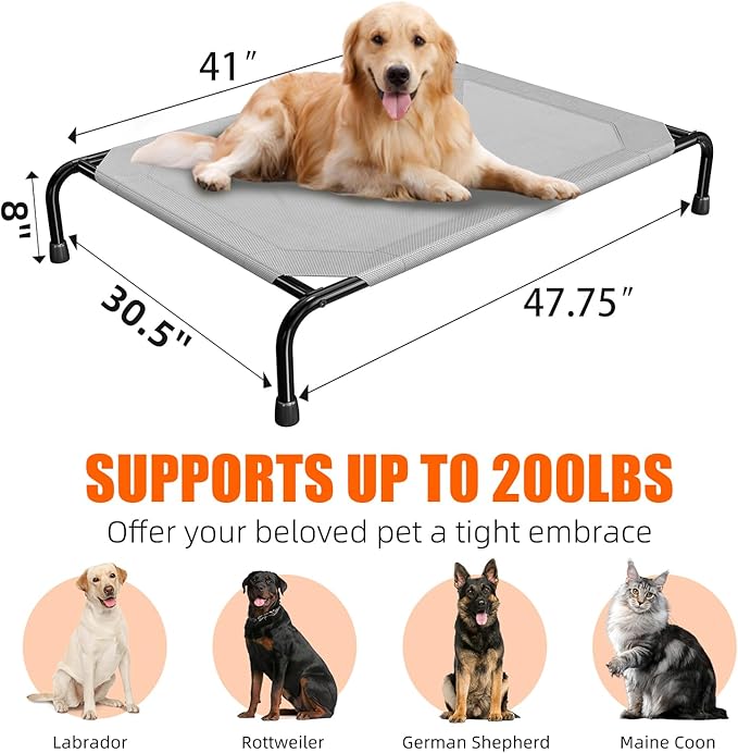Simple Trending Raised Dog Bed for Large Dogs, Waterproof XL Dog Cot, Outdoor Cooling Elevated Pet Bed Load 200lb, 47.75" x 30.5", Grey