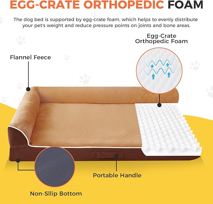 Dog Bed Large Sized Dogs, XL Orthopedic Dog Bed for Large Dogs, Waterproof Pet Bed with Washable Removable Cover, L-Shaped Pet Couch with Portable Handle 42"x30"x7.5", Brown