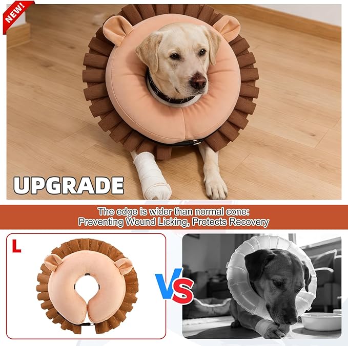 KOOLTAIL Inflatable Dog Cone Collar, Soft Donut E Collar for Dogs After Surgery to Stop Licking Enhanced Alternative, Blow Up Pet Neck Pillow Recovery Adjustable Cone for Dog Cat, Lion L