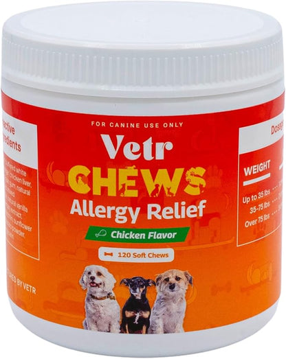 Vetr Allergy Relief Chews for Dogs - Dog Itching Skin Relief, Dog Allergy Treats with Probiotics and Omega-3 - Chicken Flavored 120 Count - Vet-Formulated in USA
