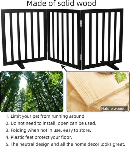 Dog Gate Indoor, Freestanding Dog Fence for The House, Doorways, Hallways,or Stairs,Pet Gate Foldable Wooden,Expandable 24" Height 3 Panels,Black