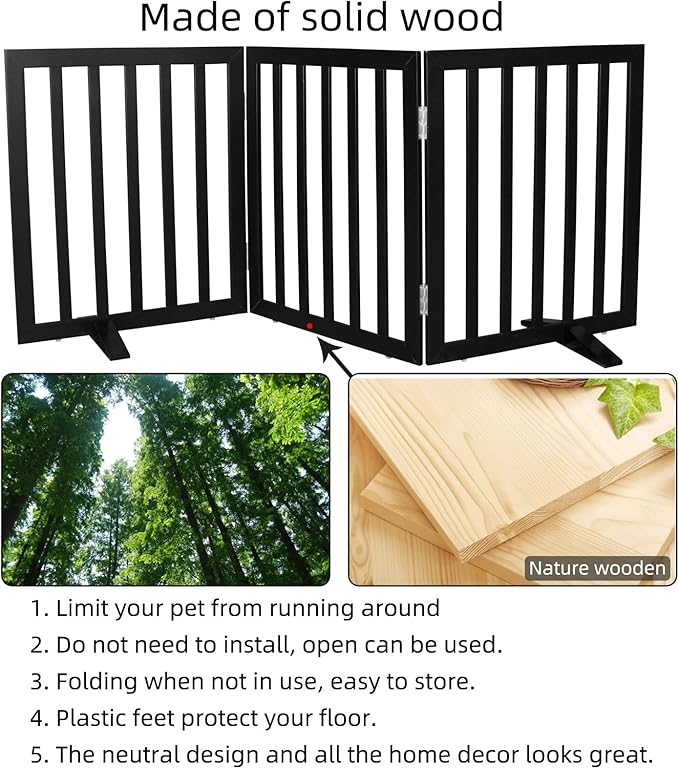 ZJSF Freestanding Indoor Dog Gate for House Foldable Wood Puppy Gate for Doorways Pet Gate for Stairs Extra Wide Pet Fence, Black, 24" Height 3 Panels