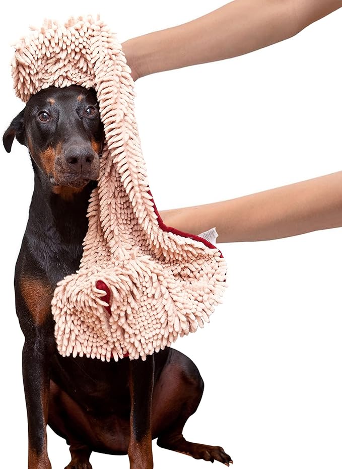 Soggy Doggy Super Shammy Dog Towel – Absorbent Microfiber Chenille Pet Towel for Drying Wet Dogs, Muddy Paws, Quick Dry Dog Shammy with Hand Pockets, Machine Washable – Beige/Red Trim, 31” x 14”