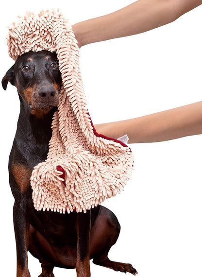 Soggy Doggy Super Shammy Dog Towel – Absorbent Microfiber Chenille Pet Towel for Drying Wet Dogs, Muddy Paws, Quick Dry Dog Shammy with Hand Pockets, Machine Washable – Beige/Red Trim, 31” x 14”