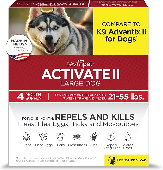 TevraPet Activate II Flea and Tick Prevention for Dogs, Large Dogs 21-55 lbs, Topical Drops, 4 Month Flea and Tick Treatment