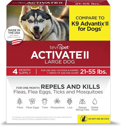 TevraPet Activate II Flea and Tick Prevention for Dogs, Large Dogs 21-55 lbs, Topical Drops, 4 Month Flea and Tick Treatment