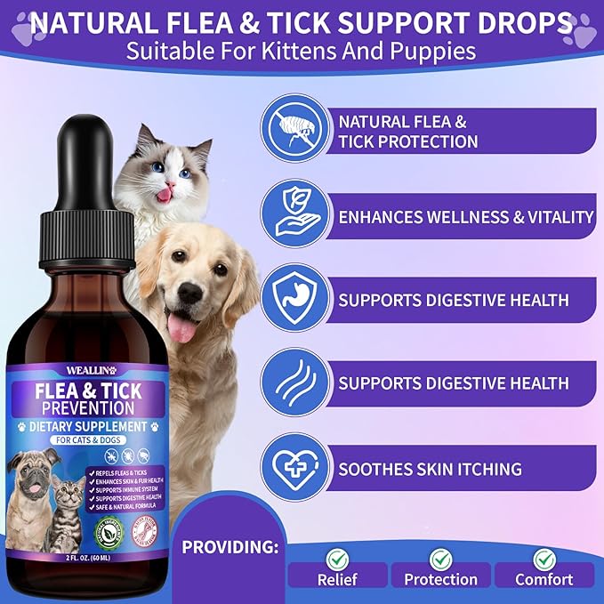 WEALLIN Flea and Tick Support for Dogs and Cats Natural Flea Treatment Drops with Multivitamin for Pets Oral Flea & Tick Prevention for Dogs and Cats Flea Herbal Drops for All Breeds and Ages