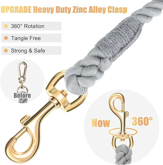 Dog Leash 6 FT Handmade Braided Cotton Rope Leashes for Small Medium and Large Dogs, New Golden Heavy Duty Metal Clasp, Grey