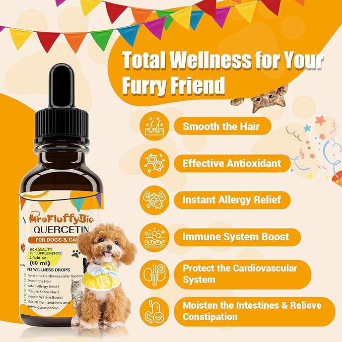 Quercetin for Dogs, Dog Quercetin Liquid Drops, Dog Quercetin Herbal Supplement Support Allergy Relief,Immune Health, Respiratory Health, Skin Health, Gluten Free, Non GMO (60 ml/2 Oz)