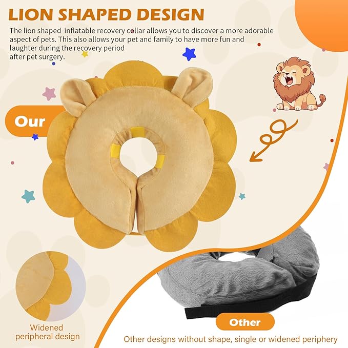 IEUUMLER Inflatable Recovery Dog Collar, Protective Donut Cone, Adjustable Soft Collar for Dog and Cat After Surgery Prevent from Biting & Scratching EU002 - Brown Lion L+