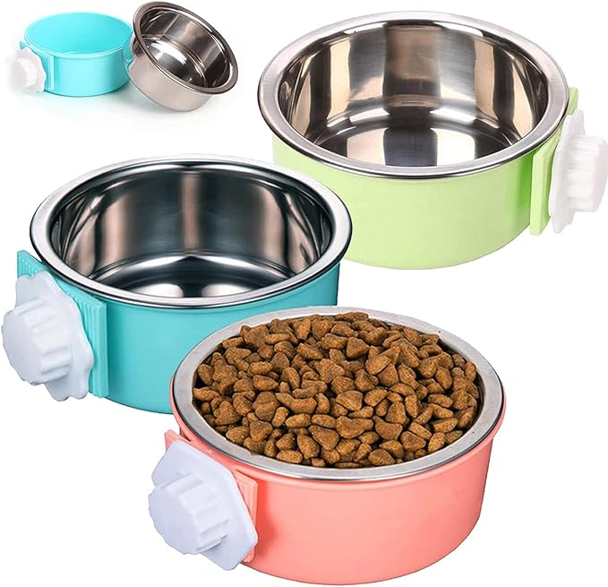 HERCOCCI Dog Crate Bowls, Removable Stainless Steel Pet Kennel Cage Hanging Food Bowls and Water Feeder Coop Cup Prevent Overflow for Puppy, Medium Dog, Cat, Rabbit, Ferret (3PCS)