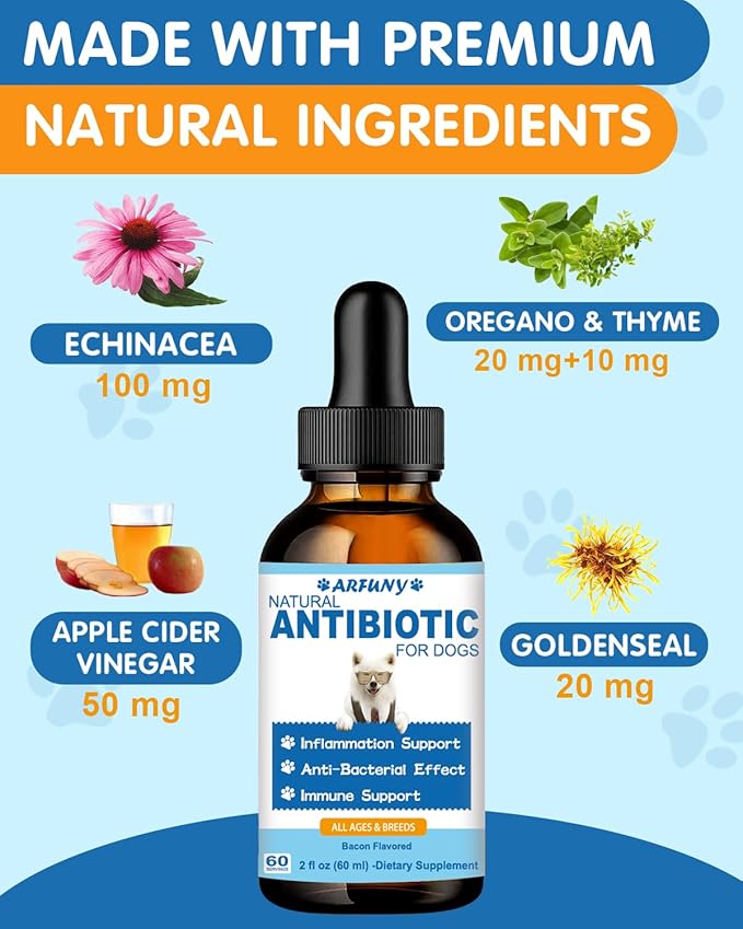Natural Antibiotics for Dogs - 60ML Dog Antibiotic Drops - Itchy Skin Relief - Allergy Relief - Immune Support - with Organic Natural Ingredients - Bacon Flavor