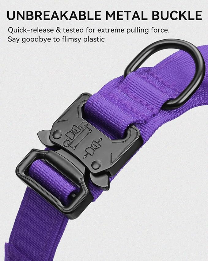 Joytale Tactical Dog Collar with Handle and Metal Buckle, Heavy Duty Padded Military Collar with 2 Patches for Training, Adjustable for Medium Dogs, Purple, M