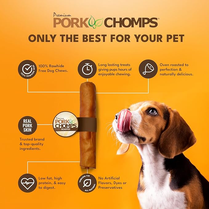 Pork Chomps Roasted Pork Skin Dog Chew, 8 Inch Roll, 1 Count - Long-Lasting Treats for Dogs - High Protein, Rawhide-Free, Low Fat, Healthy & Delicious Chews