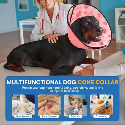 Queenmore Dog Cones for Medium Dogs, Dog Cone Collar After Surgery, Soft Cone for Dogs Wound Care, Spay, Neuter, Breathable Pet Surgery Collars & Cones, Strawberry M