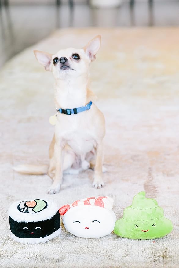 Pearhead Sushi Plush Squeaky Dog Toys – Soft Durable Food-Themed Chew Toys for Small & Medium Dogs, Interactive Plush Dog Toy Set of 3