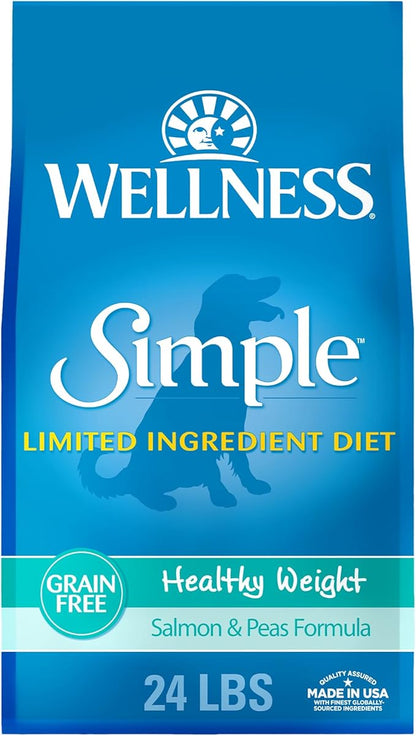 Wellness Simple Limited Ingredient Healthy Weight Adult Dry Dog Food, Grain Free Kibble, Sensitive Stomach, Skin & Coat Support, Natural, Chicken Free, Salmon and Peas Recipe, 24 lb Bag