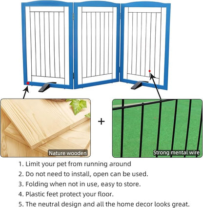 ZJSF Freestanding Dog Fence Indoor, Foldable Dog Gate for Doorways, Stairs or Hallways, Sturdy Wood Extra Wide Pet Gate with Support Feet for The House, Blue, 32 "Height-3 Panels