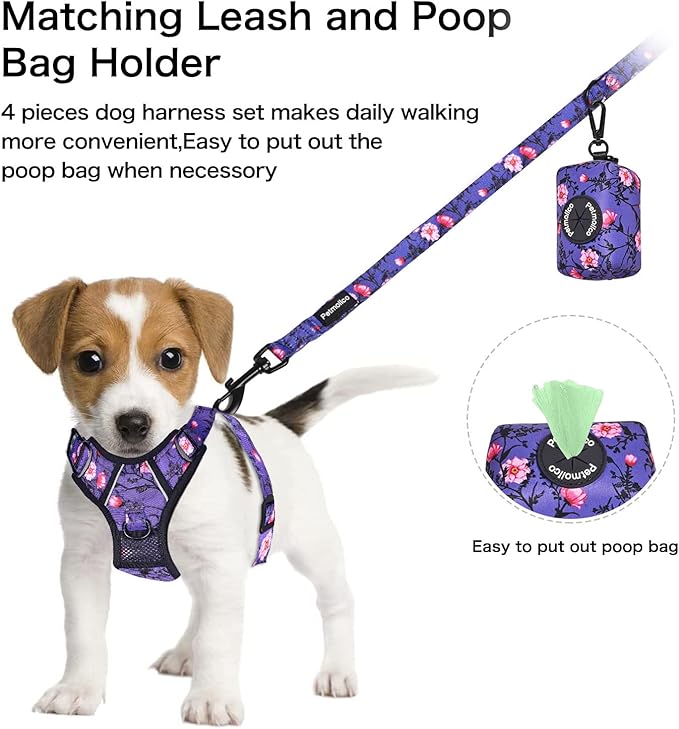 Petmolico No Pull Dog Harness Set with Leash Attachment Easy Control Handle Reflective Harness Vest Small Breed, Puppy Vest and Leash Set with Poop Bag Holder, Small - Purple Peach