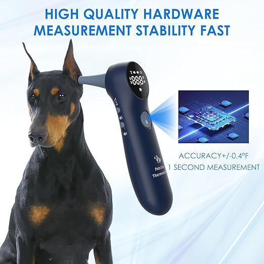 Pet Ear Thermometer for Dogs, Cats, and Livestock, Long Probe Designed, ℃/ ℉ Convert and Sound Switch Dedicated Button, 1 Second Measurement, 20 pcs Pet Swabs Included