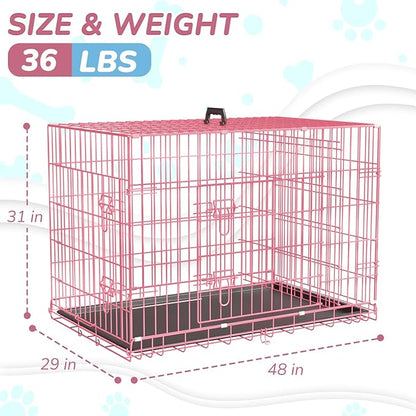 48 Inch Dog Crate Dog Kennels Folding Mental Wire Crates Dog Crates for Large Dogs Cage Outdoor Indoor Pet XL Dog Crate with Double-Door,Divider Panel, Removable Tray,Pink