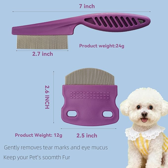 2 Pack Professional Pets Eye Combs,Pets Grooming Comb Kit,Stainless Steel Tear Stain Remover for Cats & Dogs,Flea Lice Comb,Gentle Curved Comb Teeth,Precisely Removes Stains (Pet comb set)