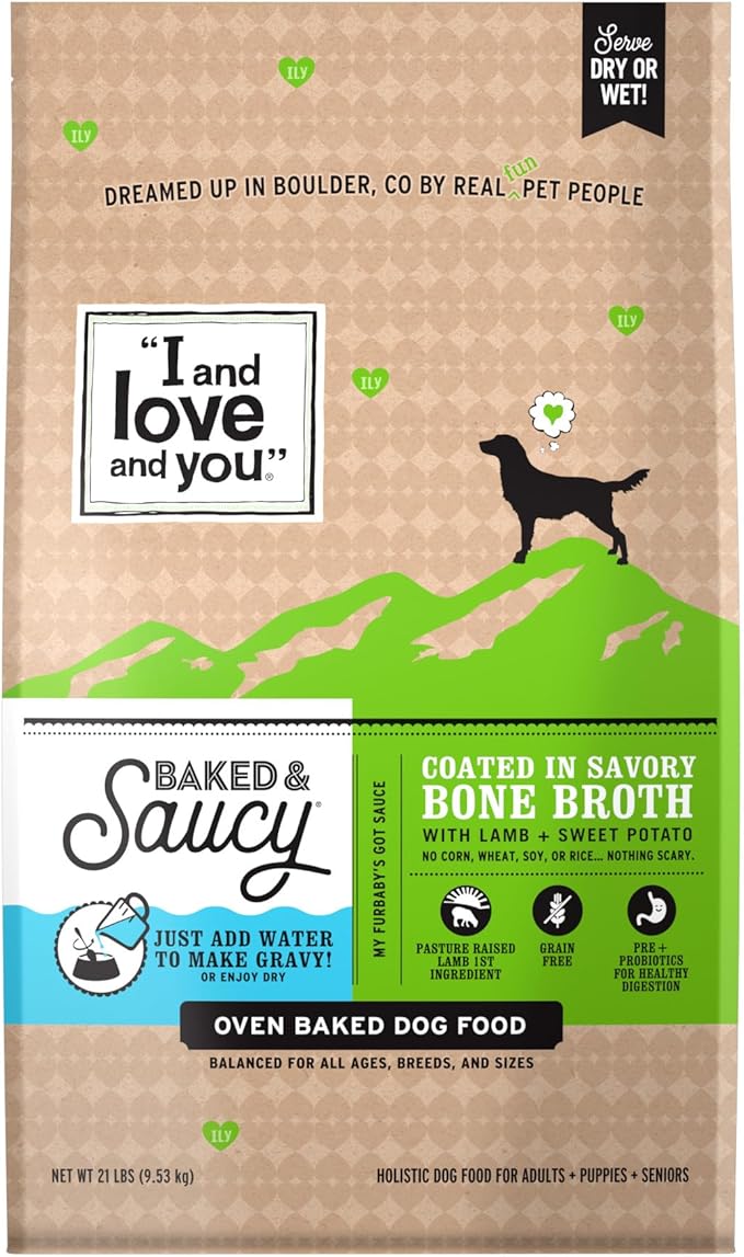 I AND LOVE AND YOU Baked and Saucy Dry Dog Food - Lamb + Sweet Potato - Prebiotic + Probiotic, Real Meat, Grain Free, No Fillers, 21lb Bag