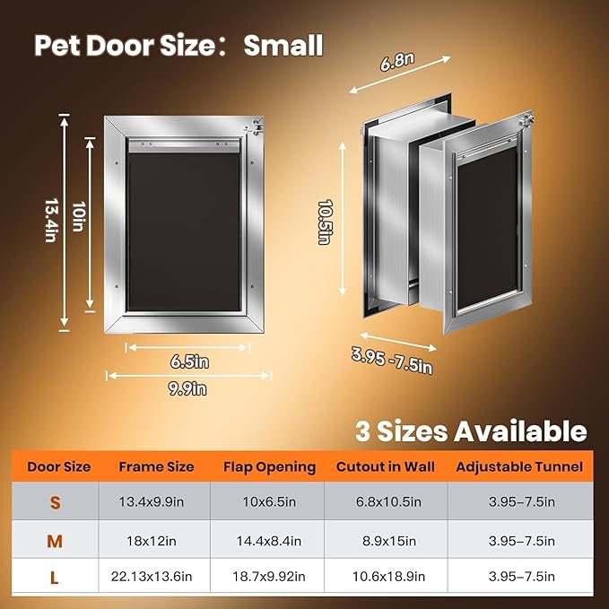 Cat Door for Wall, Small Pet Door, Heavy Duty Doggy Door, All Aluminum Frame, 2 Magnetic Flaps, Energy Efficient, Telescoping Tunnel, Sliding Lock Panel, Easy to Install (Pets Up to 22 LB)