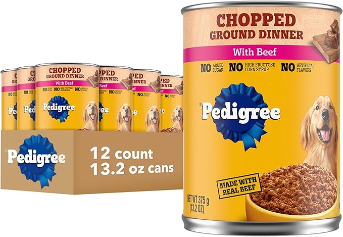 Pedigree Chopped Ground Dinner Adult Soft Wet Dog Food with Beef, Canned Dog Food, 13.2 oz. Cans, 12 Count