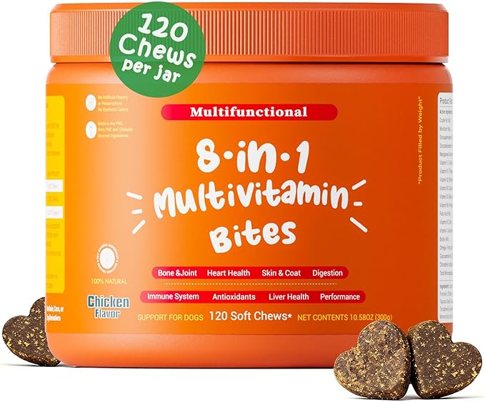 Multivitamin Treats for Dogs, Glucosamine Chondroitin Joint Support + Digestive Enzymes & Probiotics, Grain Free Dog Vitamins and Supplements for Skin & Coat, Peanut Butter - 120ct