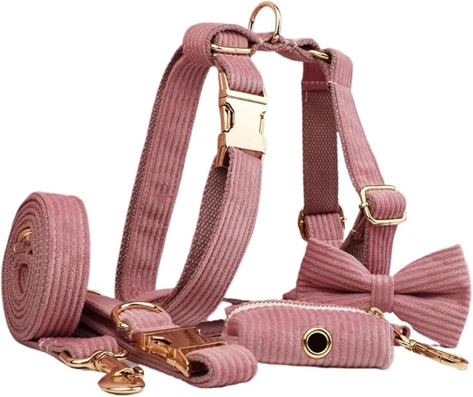 Dog Leash, 5Pcs Corduroy Dog Harness Collar Leash Set with Poop Bags,Hands Free(5PCS set16,Large)