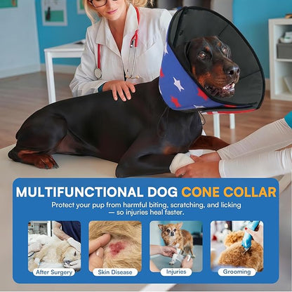 Queenmore Dog Cone, Cone for Dogs to Stop Licking, Dog Cones for Medium Dogs, Adjustable Doggy Recovery Collars & Cones, Elizabethan Collar for Pets After Surgery, USAFlag M